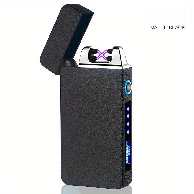 Windproof Dual Arc Plasma Lighter Metal Electric USB Rechargeable Flameless Lighter LED Power Display Portable Candles Camping