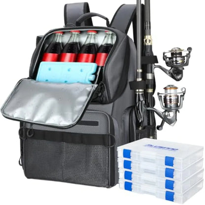 Cooler Fishing Backpack with Rod Holders 45L Large Water-resistant Fishing Tackle Bag Store Fishing Gear in Black for