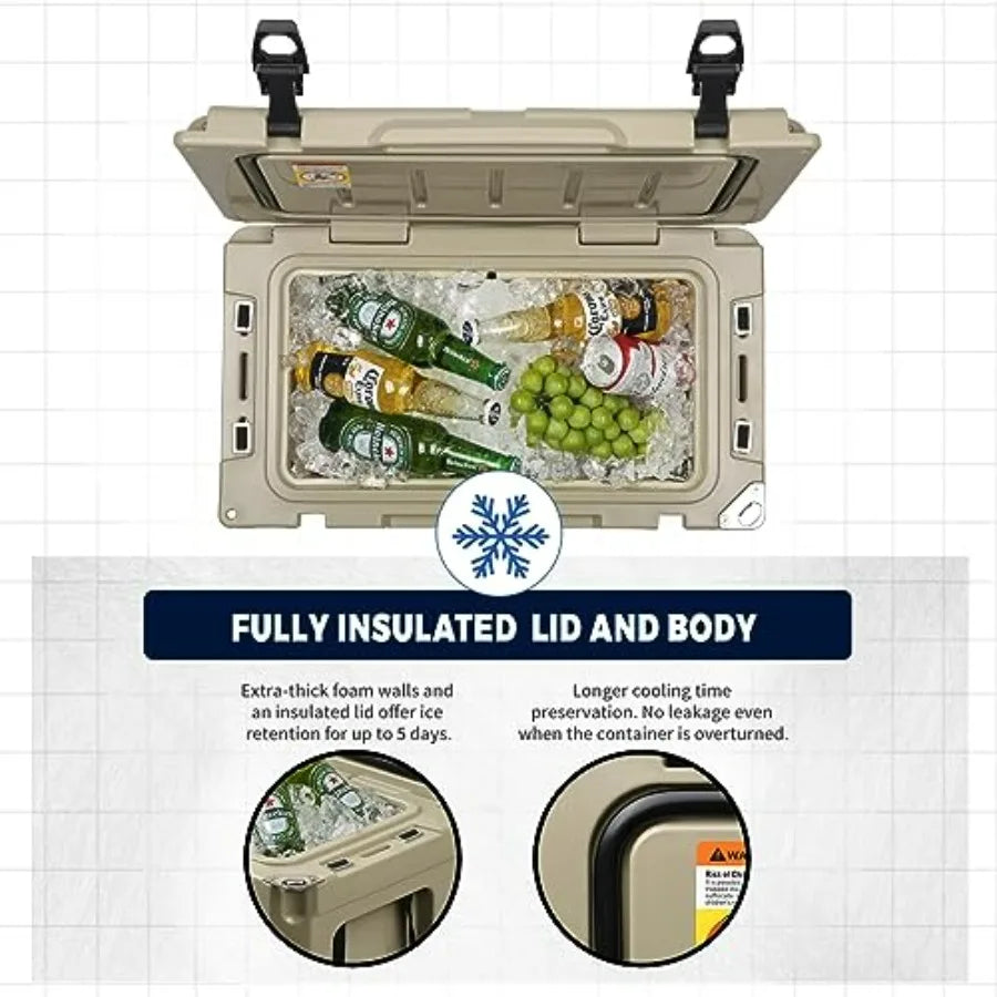 Rotomolded cooler for outdoor adventures, polyethylene material, charcoal black, ultra-durable ice retention up to 10 days