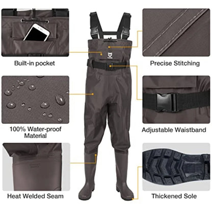 Bootfoot Chest Wader, 2-Ply Nylon/PVC Waterproof Fishing Hunting Waders with Boot Hanger for Men Women