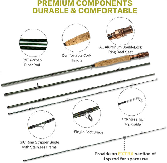 4-Piece Carbon Fiber Fly Fishing Rod & Reel Combo with 12 Flies, Line, Case - Lightweight Starter Kit