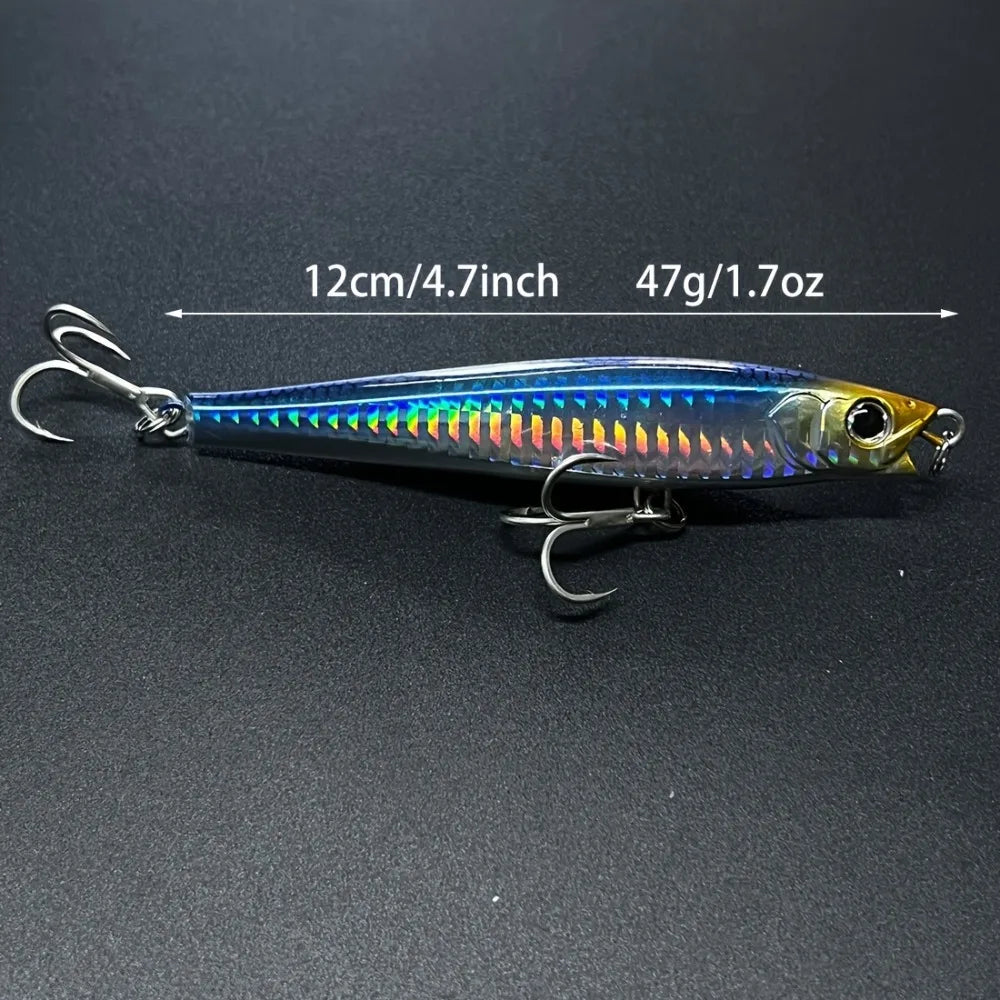 3-Pack Long Casting No-Lip Saltwater Fishing Lures, Short Lip Heavy Sinking Pencil Baits, 120mm, 47g (1.7oz), New Heavy Sinking Minnow, Long-Distance Casting Saltwater Artificial Ocean Lures