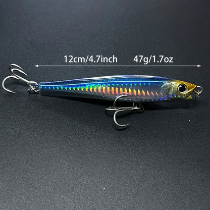 3-Pack Long Casting No-Lip Saltwater Fishing Lures, Short Lip Heavy Sinking Pencil Baits, 120mm, 47g (1.7oz), New Heavy Sinking Minnow, Long-Distance Casting Saltwater Artificial Ocean Lures