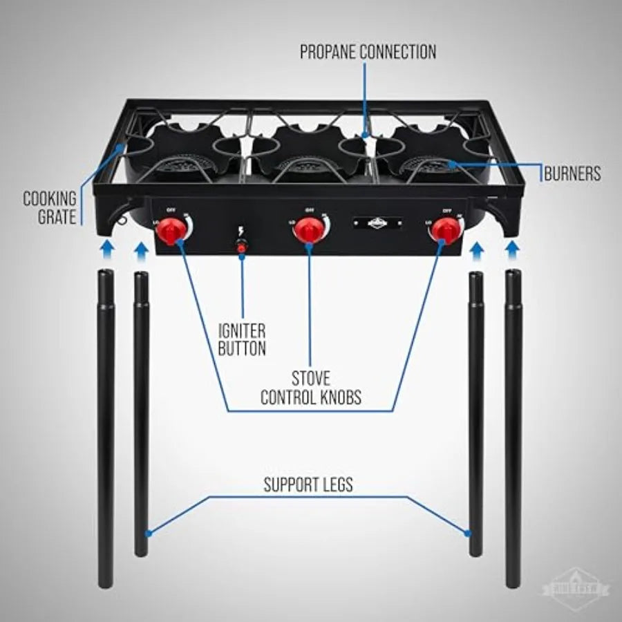 Hike Crew Auto Ignition 3-Burner Outdoor Gas Stove 225000 BTU Portable Propane-Powered Cooktop with Blue Flame Control Removabl