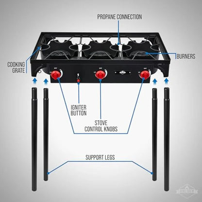 Hike Crew Auto Ignition 3-Burner Outdoor Gas Stove 225000 BTU Portable Propane-Powered Cooktop with Blue Flame Control Removabl