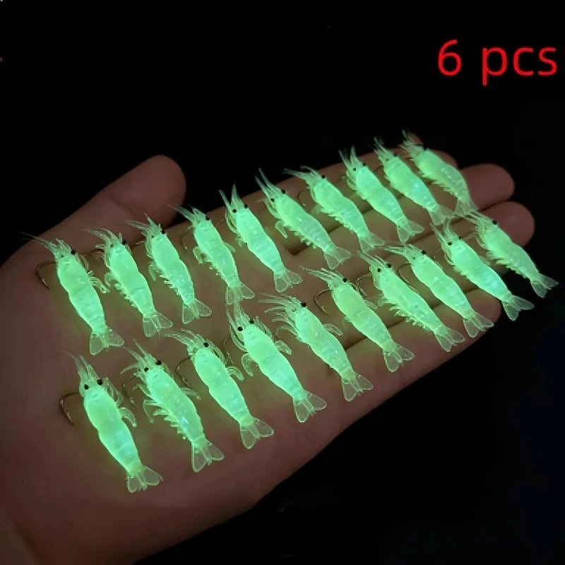6pcs 2026 New Lure - Luminous Soft Plastic Artificial Bait with Fish Hook | Realistic Freshwater and Saltwater Fishing Gear, Simulated Shrimp-shaped Jig Suitable for Night Fishing, Ideal for Fishing Bass, Trout, Berry Bass, B