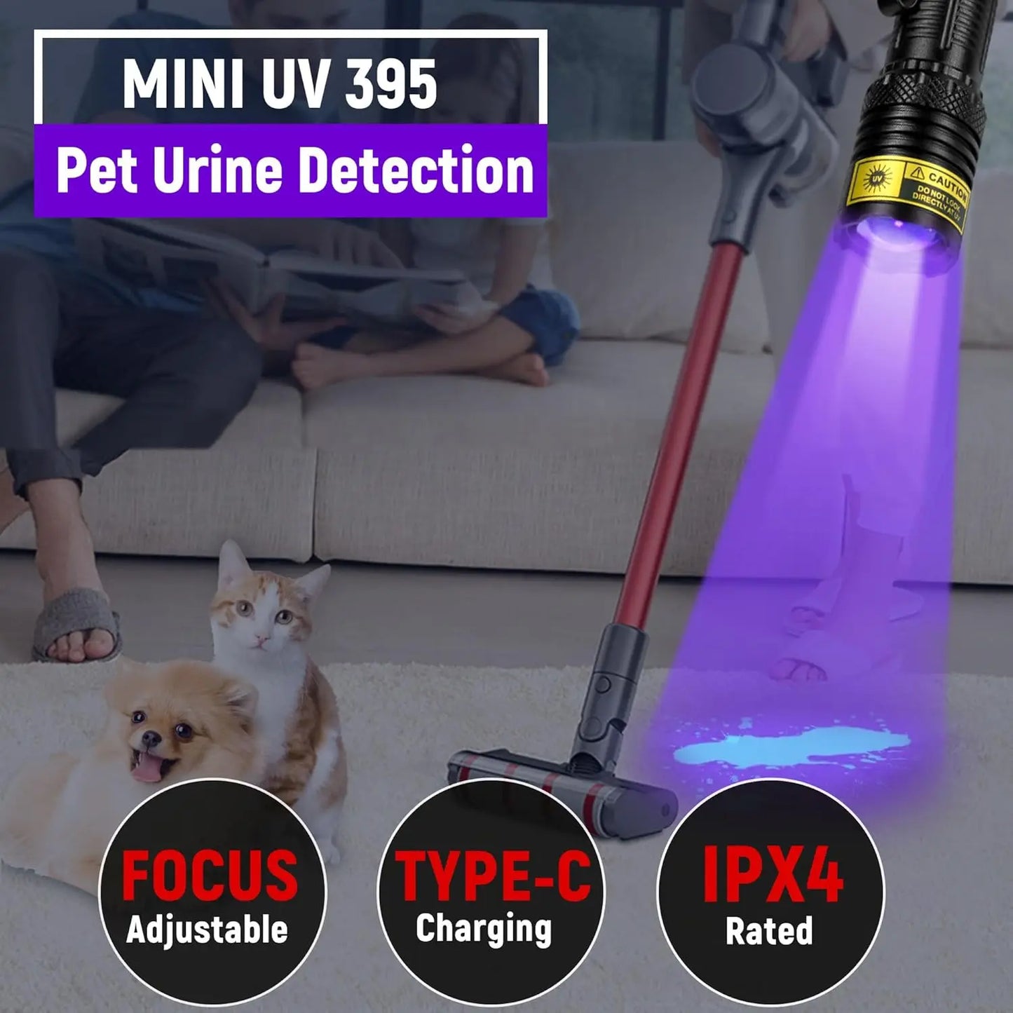 395nm UV Flashlight USB Rechargeable Portable Detector for Pet Urine Stains Scorpions Resin Curing
