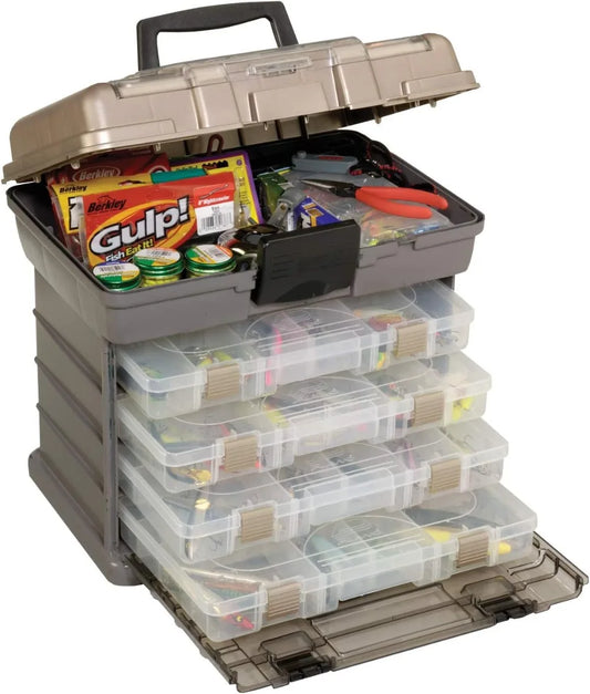 StowAway 4-By Rack System Tackle Box, Holds 4 3700 Utility Boxes, Quick-Access Top Storage with Clear Lid, Durable & Adaptable Fishing Box