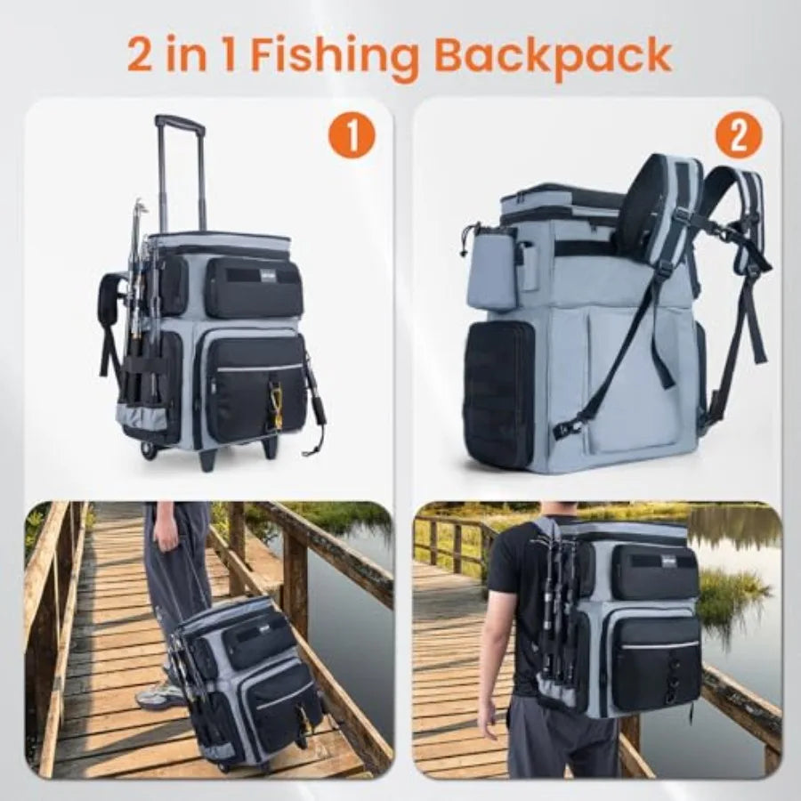 66L Rolling Tackle Box with Cooler Large Fishing Bag with Wheels for 5 3700 Trays Trays Not Included Saltwater Resistant Tackle