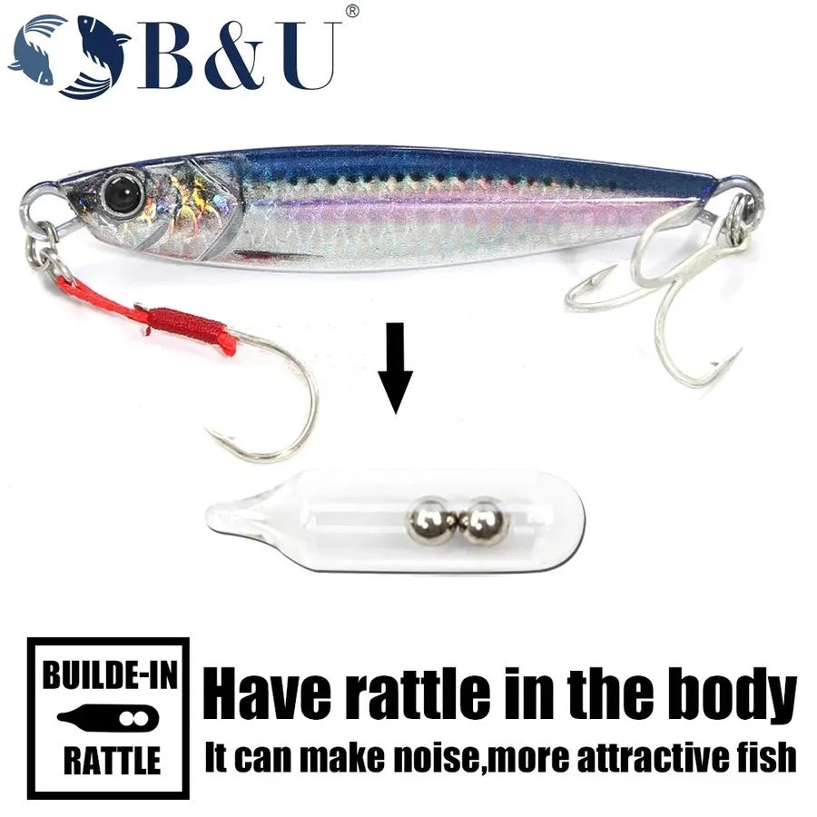 B&U Rattle Jig Sea Fishing Lures Metal Jig 40g 60g 80g Long Casting Spinning Artificial Bait with Hook Spoon Tackle