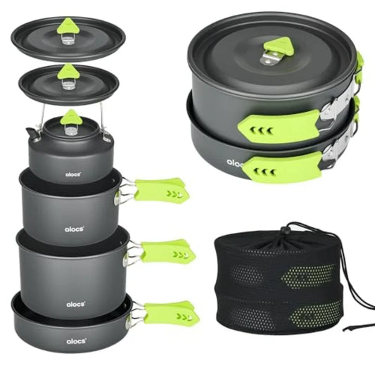 Lightweight Portable Camping Cookware Set with 3L Pot 1.7L Pot 8 Non-Stick Frying Pan 0.8L Kettle for Outdoor Cooking Backpacki