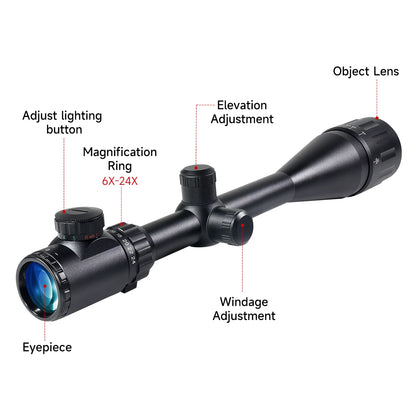 Tactical 6-24X50AOEG  Riflescope Outdoor Hunting Optical Scope Red Green Illuminated Reflex Sight Airsoft Air Gun Accessory