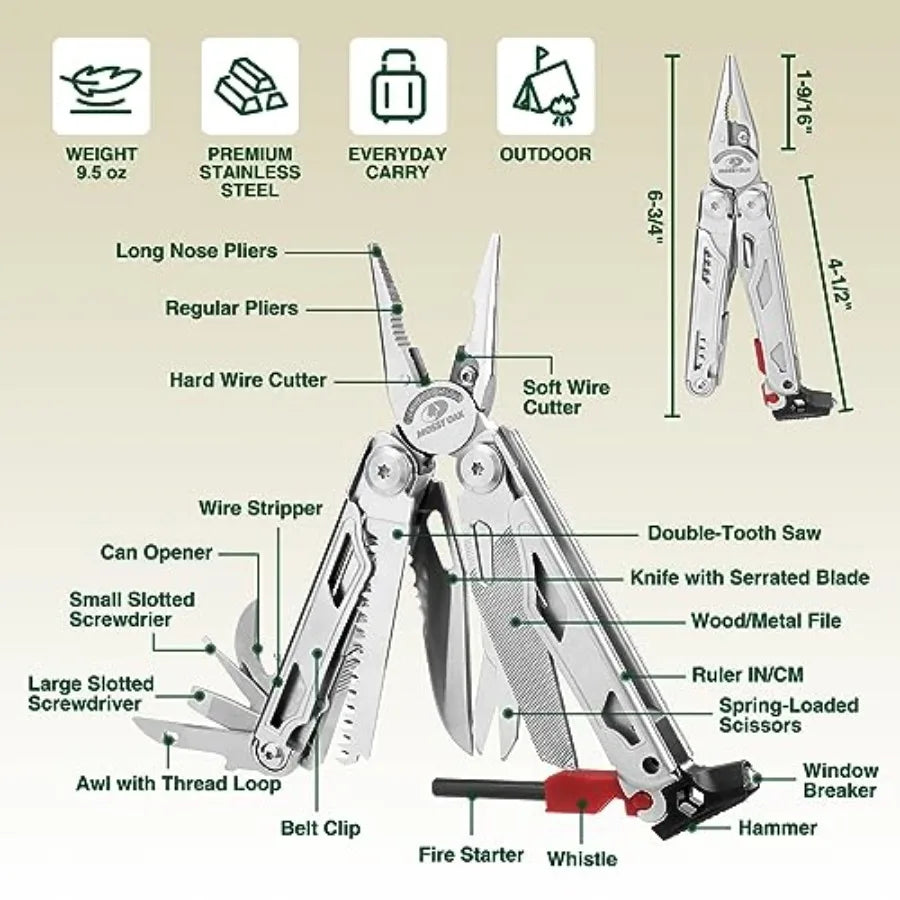 19-in-1 Stainless Steel Multitool Pliers with Self-Locking Mechanism Compact EDC Survival Tool with Durable Sheath for Outdoor