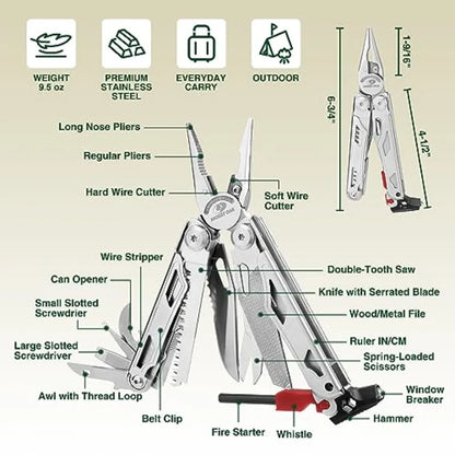 19-in-1 Stainless Steel Multitool Pliers with Self-Locking Mechanism Compact EDC Survival Tool with Durable Sheath for Outdoor