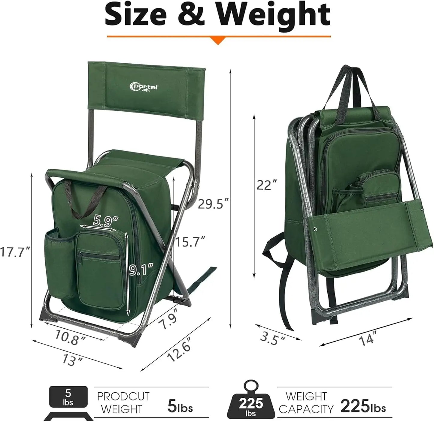 Folding Backpack Cooler Chair with Backrest for Camping Fishing Hiking Travel, Supports 225 lbs