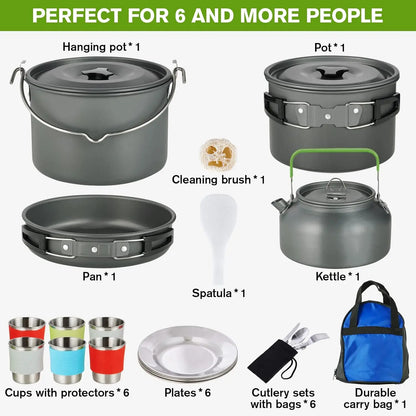 Camping Cookware Set - 37 PCs, Large Size Hanging Pot with Camping Pots and Pans, Camp Cooking Set