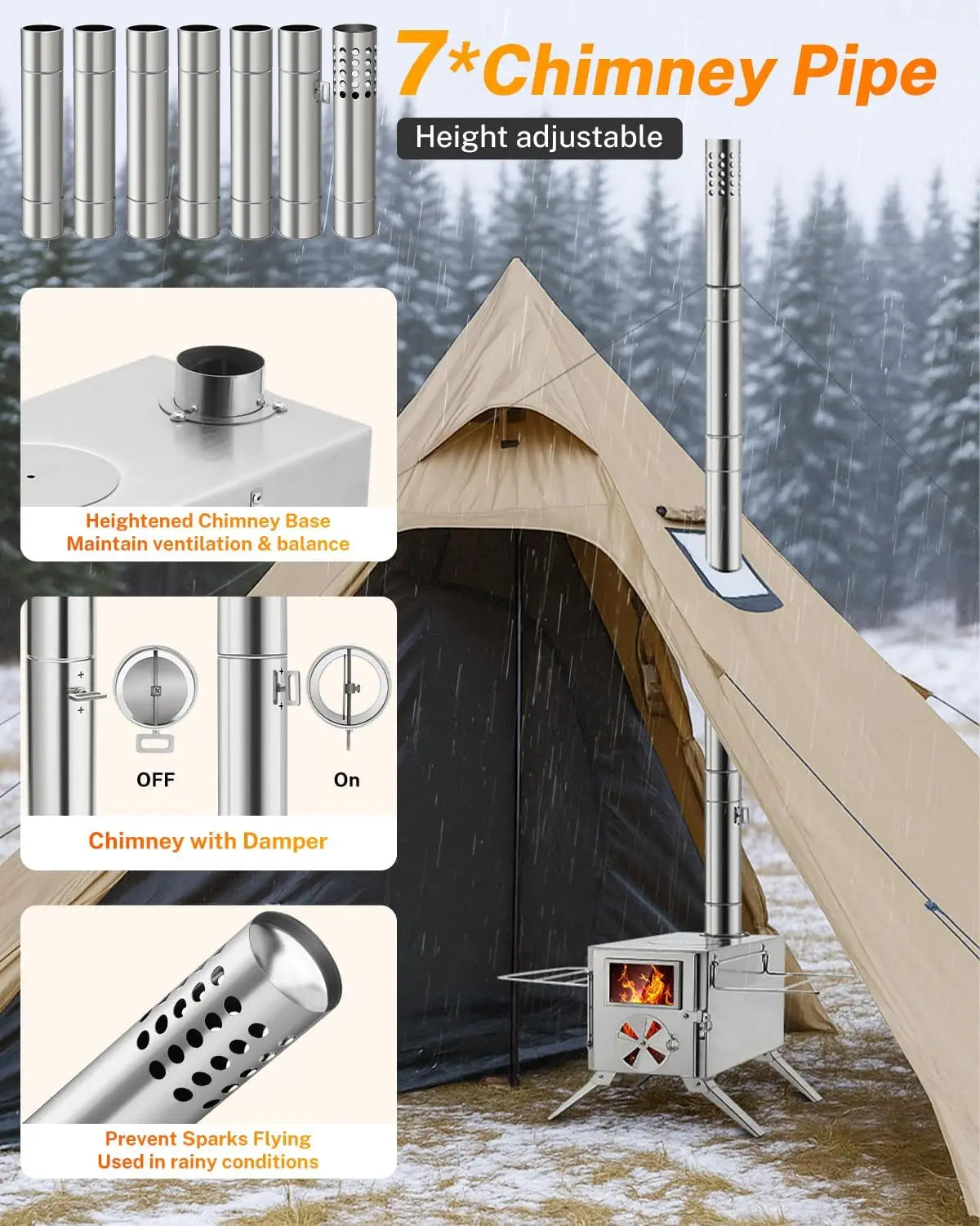Hot Tent Stove, Portable Wood Burning Camping Stainless Steel Stove with Chimney Pipes for Tent, Outdoor, Heating, Cooking, Ice