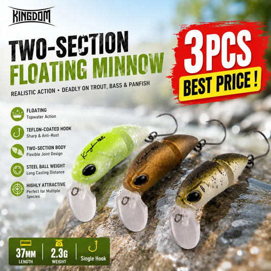 Kingdom 3pcs/pack 2 Section Minnow Lure  2.3g 37mm Floating S-shaped wobble Artificial Baits Topwater Swimbaits For Bass Trout Pike Fishing