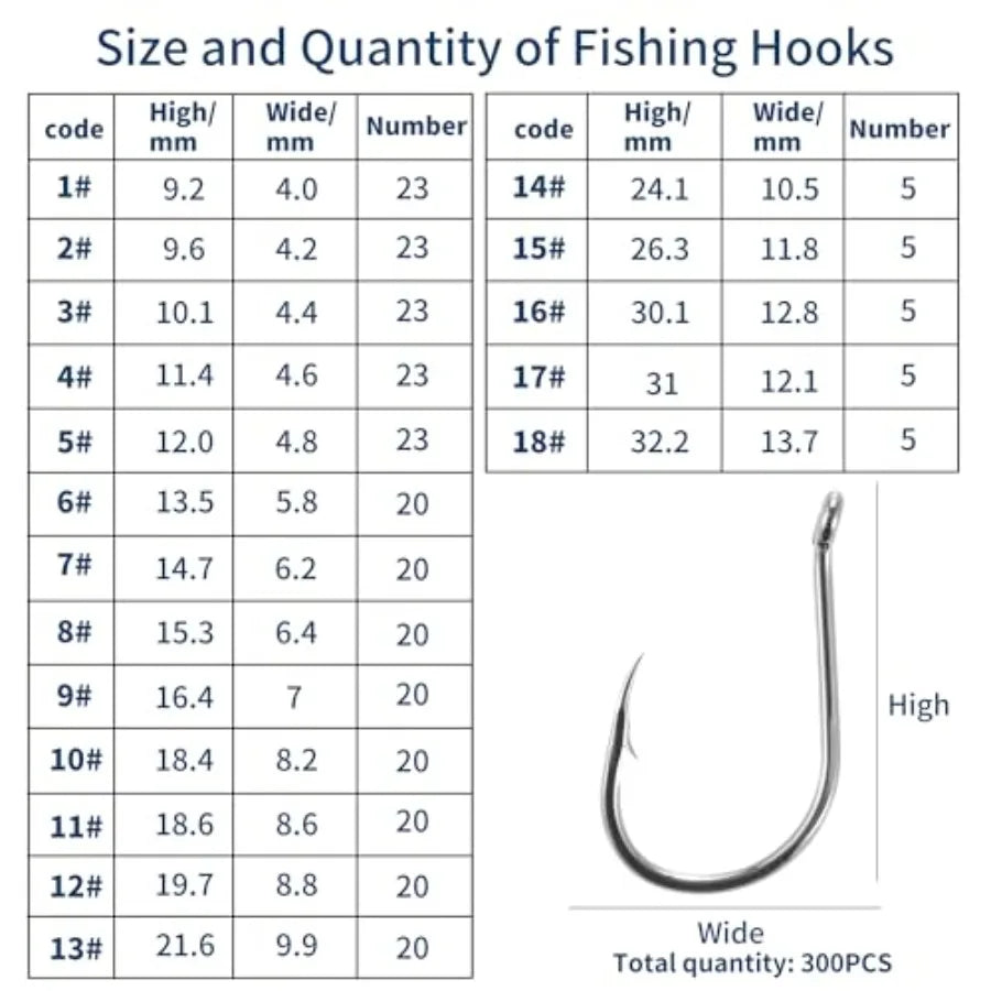 300PCS Fishing Hooks 18 Sizes High-Carbon Steel Barbed Fish Hooks with Holes Fishing Gear with Storage Box Suitable for Fishing
