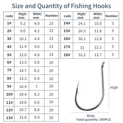 300PCS Fishing Hooks 18 Sizes High-Carbon Steel Barbed Fish Hooks with Holes Fishing Gear with Storage Box Suitable for Fishing
