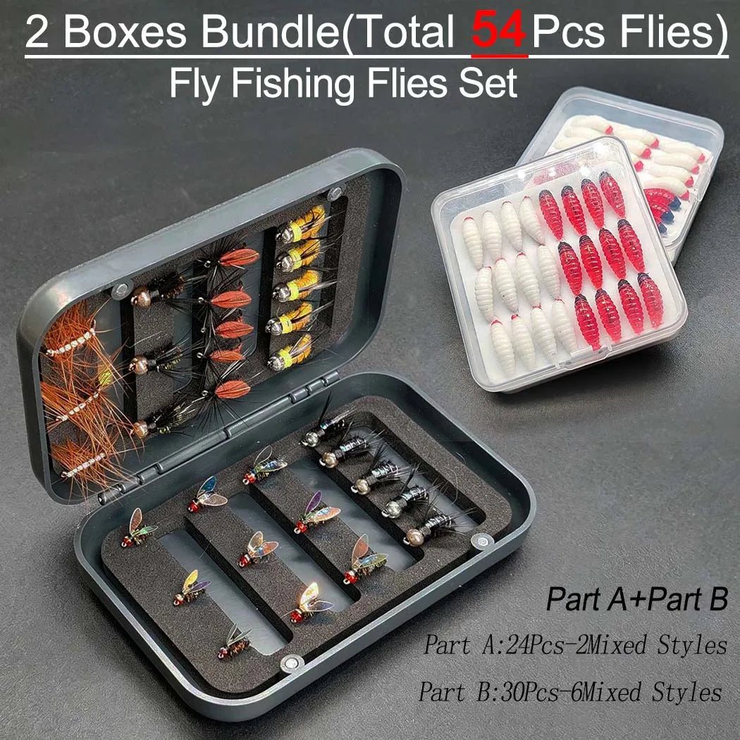 2Box Bundle(Total 54Pcs Flies) Fly Fishing Flies Nymph Lure&Artificial Bait Set Fishing for Trout/Bass/Perch/Salmon
