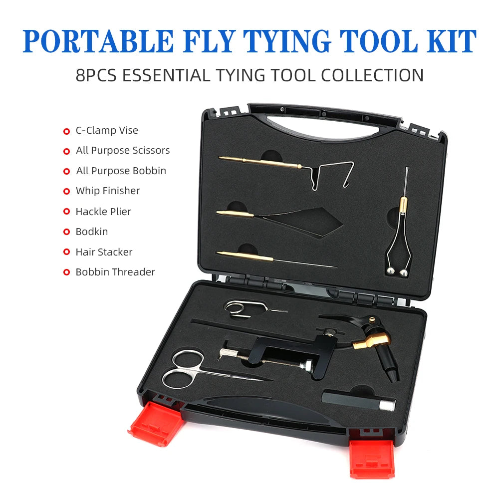 8pcs/set Portable Fly Tying Tool Kit Hardened Steel C-Clamp Vise Bobbin Holder Threader Whip Finisher Hair Stacker Bodkin Needle