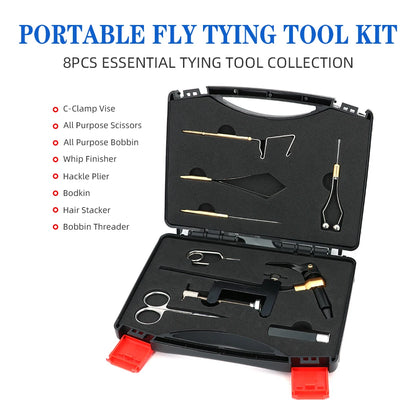 8pcs/set Portable Fly Tying Tool Kit Hardened Steel C-Clamp Vise Bobbin Holder Threader Whip Finisher Hair Stacker Bodkin Needle
