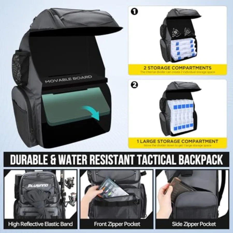 Cooler Fishing Backpack with Rod Holders 45L Large Water-resistant Fishing Tackle Bag Store Fishing Gear in Black for