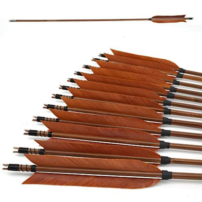 Archery Bamboo Arrows 12 Pack Practice Targeting Hunting Arrow Handmade Self Nock 6.2 Turkey Feather Fletched for Longbow Tradi