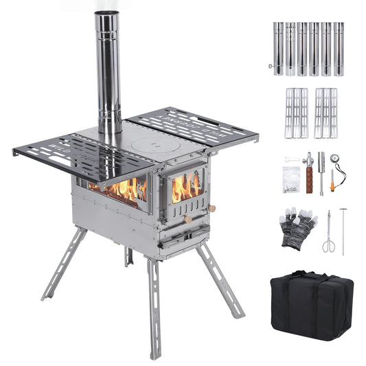 Camping Stove with Oven & Camping Table with Chimney Pipe Small Camping Wood Stove Stainless Steel for Heating Cooking Hunting