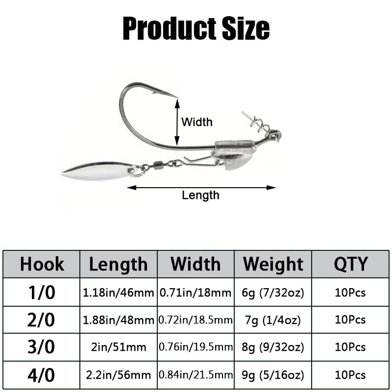 10Pcs Underspin Jig Head Swimbait Hooks Bass Trout Weighted Fishing Hook Lures with Spinner Blades