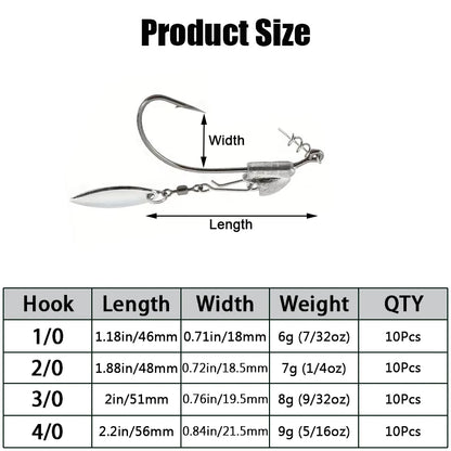 10Pcs Underspin Jig Head Swimbait Hooks Bass Trout Weighted Fishing Hook Lures with Spinner Blades