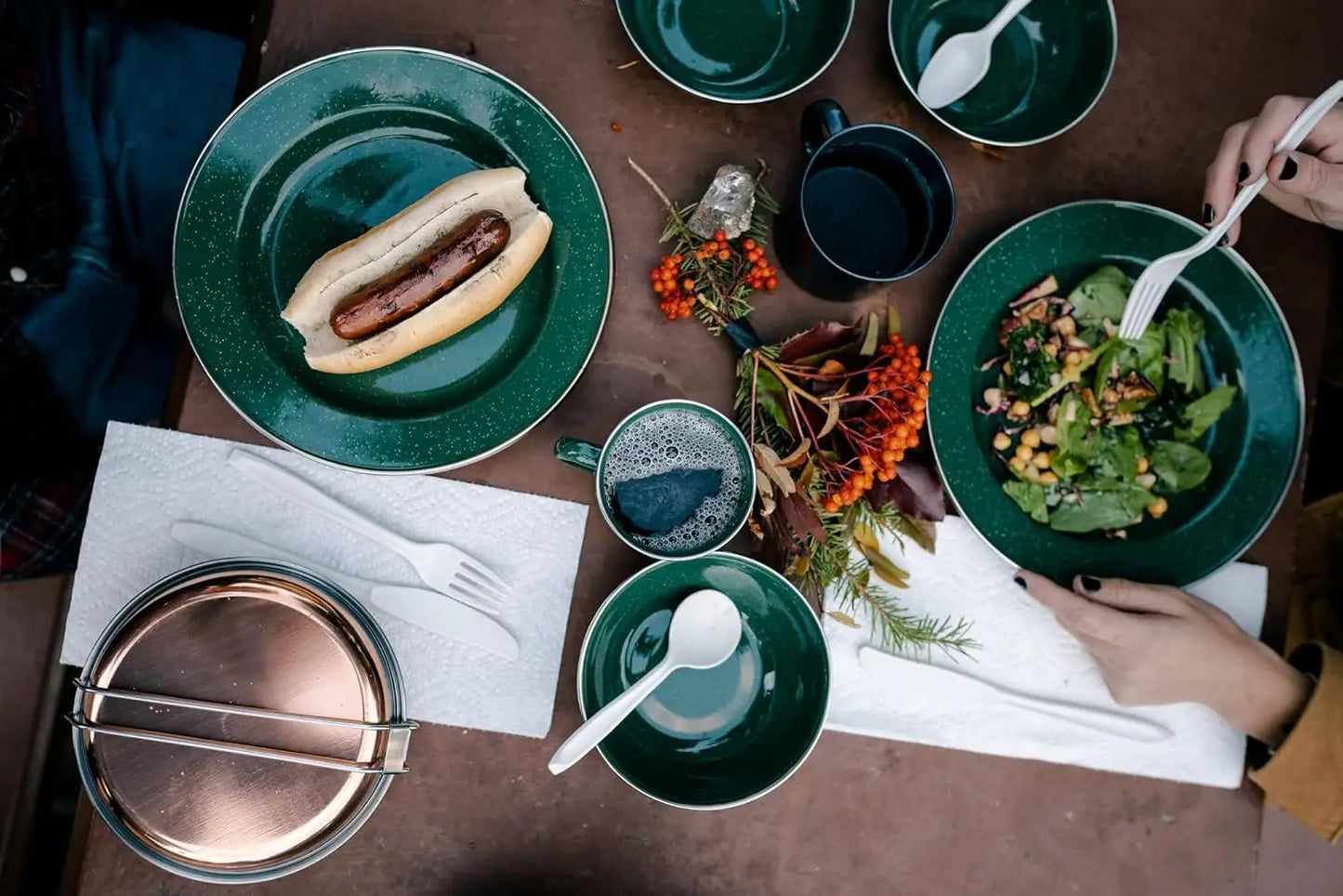 24-Piece Enamel Camping Tableware Set - Stainless Steel Cutlery, Plates, Bowls & Mugs for Outdoor Picnics & Family Travel