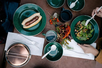 24-Piece Enamel Camping Tableware Set - Stainless Steel Cutlery, Plates, Bowls & Mugs for Outdoor Picnics & Family Travel