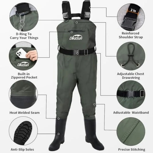Fishing Waders for Men and Women, Waterproof 2-Ply Nylon/PVC Chest Wader with Boots for Outdoor, Sizes 4-13 Bootfoot