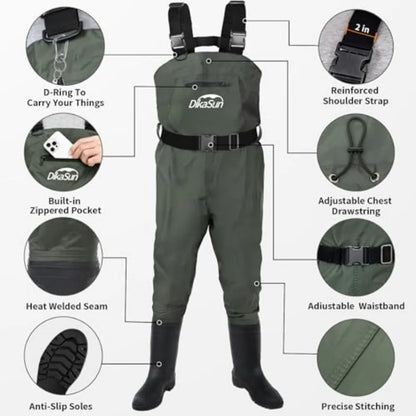 Fishing Waders for Men and Women, Waterproof 2-Ply Nylon/PVC Chest Wader with Boots for Outdoor, Sizes 4-13 Bootfoot