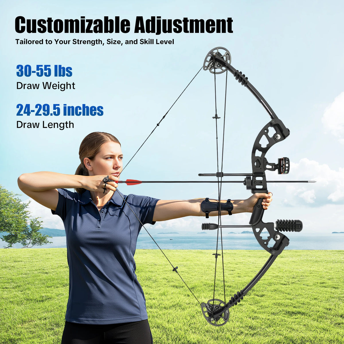 Compound Bow Arrow Set 30-55lb Adjustable Draw Length 24-29.5" for Adults Right Hand,3-Pin Sight Archery Hunting Bow w/12 Arrows