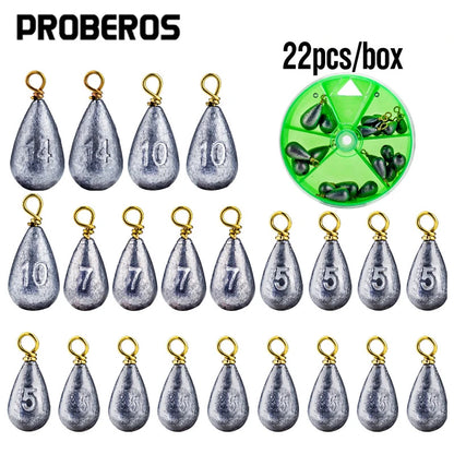 22Pcs/Box Fishing Sinkers Drop-shaped Fishing Weights With Swivel Ring Accessories Swivel Pesca Metal Jig Cast Tackle Sinker