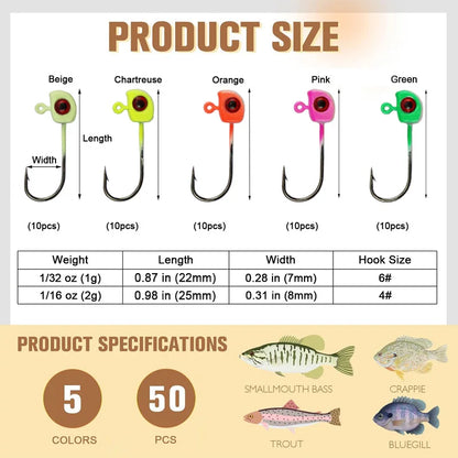 50Pcs Swimbait Jig Heads Fishing Hooks Crappie Jig Head for Crappie Bass Trout Ice Fishing Fly Fishing Freshwater Saltwater
