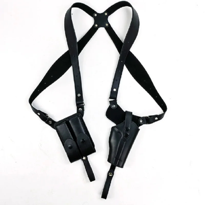 Leather General Vertical Gun Holster with Double Mag Fit Adjustable Vertical Concealed Holster Universal Fit for Most Pistols