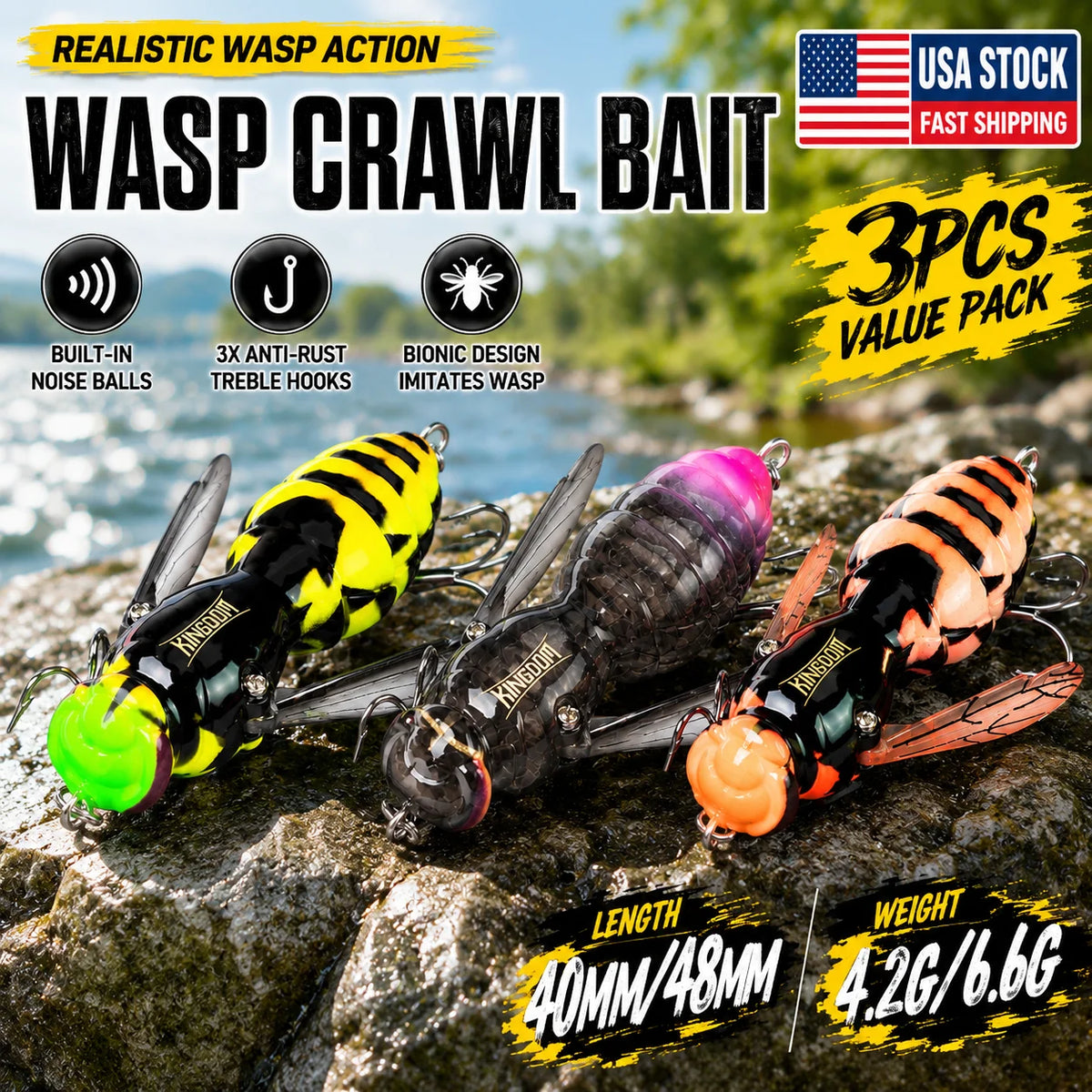 Kingdom 3pcs Floating Wasp Bait 4.2g 6.6g 40mm 48mm Artificial Insect Bionic Fishing Lure Hard Baits Bass Pike Fishing Wobbler