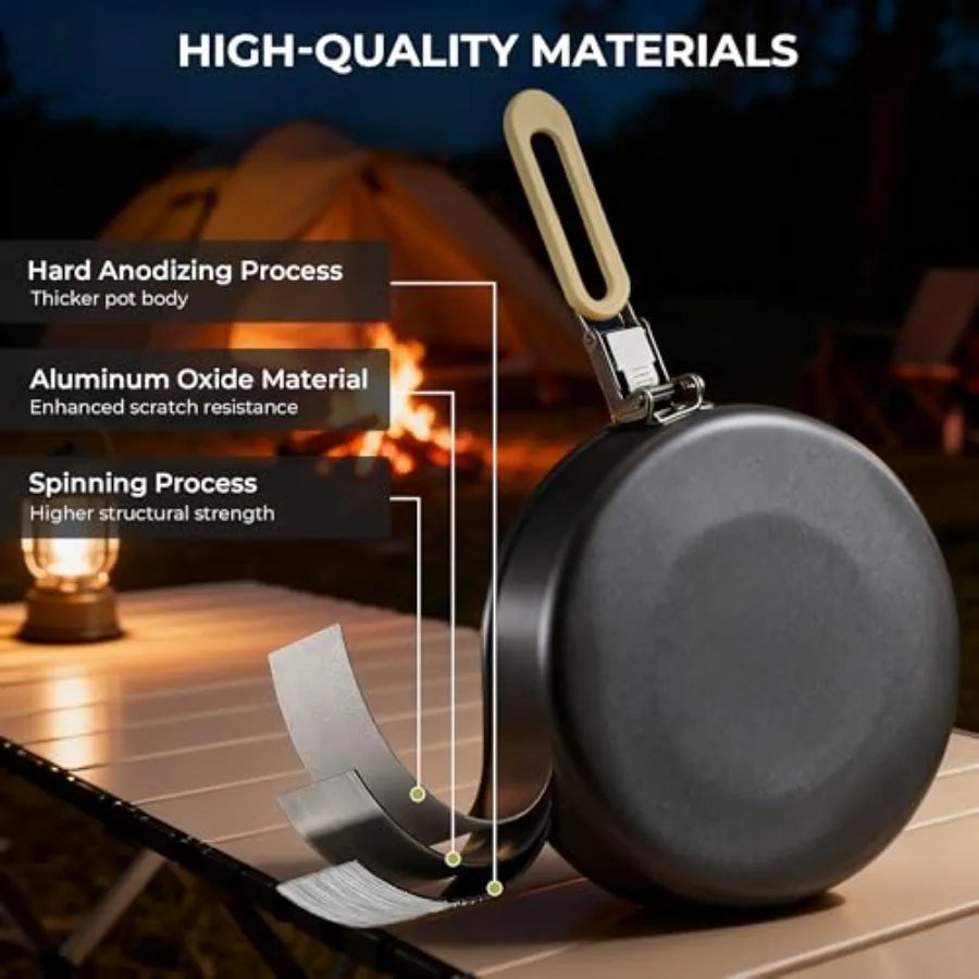 Lightweight Camping Pots and Pans Set with Kettle - Portable Outdoor Cookware Mess Kit for 2 - Durable Aluminum Cooking Gear in