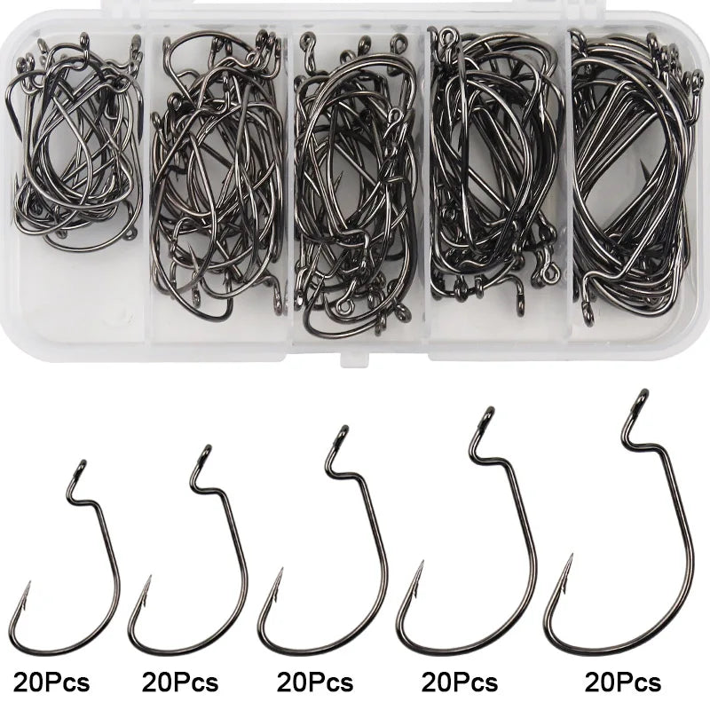 100Pcs EWG Offset Worm Hook Wide Gap Bait Jig Soft Plastic Lure Fishing Hooks for Bass Trout Saltwater Freshwater Fishing