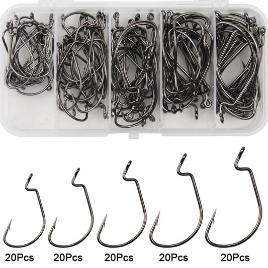100Pcs EWG Offset Worm Hook Wide Gap Bait Jig Soft Plastic Lure Fishing Hooks for Bass Trout Saltwater Freshwater Fishing