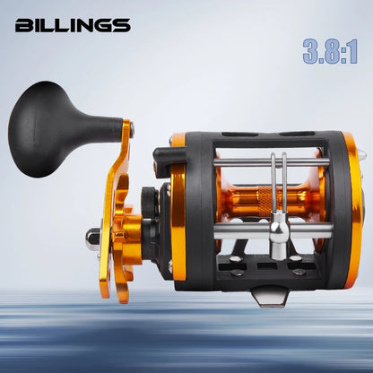 BILLINGS Trolling Drum Fishing Reel 33LB Max Drag 3.8:1 Gear Ratio Smooth Freshwater & Saltwater Universal Bait Caster Fishing Reels for Sea Bass Catfish  Grouper Trout