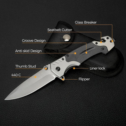 Men'S Folding Knife With Glass Breaker And Seat Belt Cutter, 3-in-1 Multi-function Folding/EDC Knife For Camping, Fishing