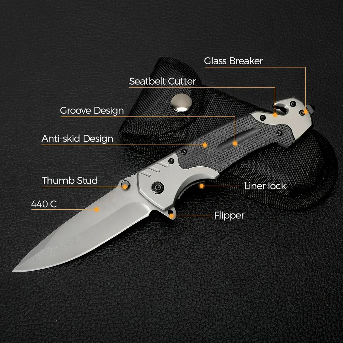 Men'S Folding Knife With Glass Breaker And Seat Belt Cutter, 3-in-1 Multi-function Folding/EDC Knife For Camping, Fishing