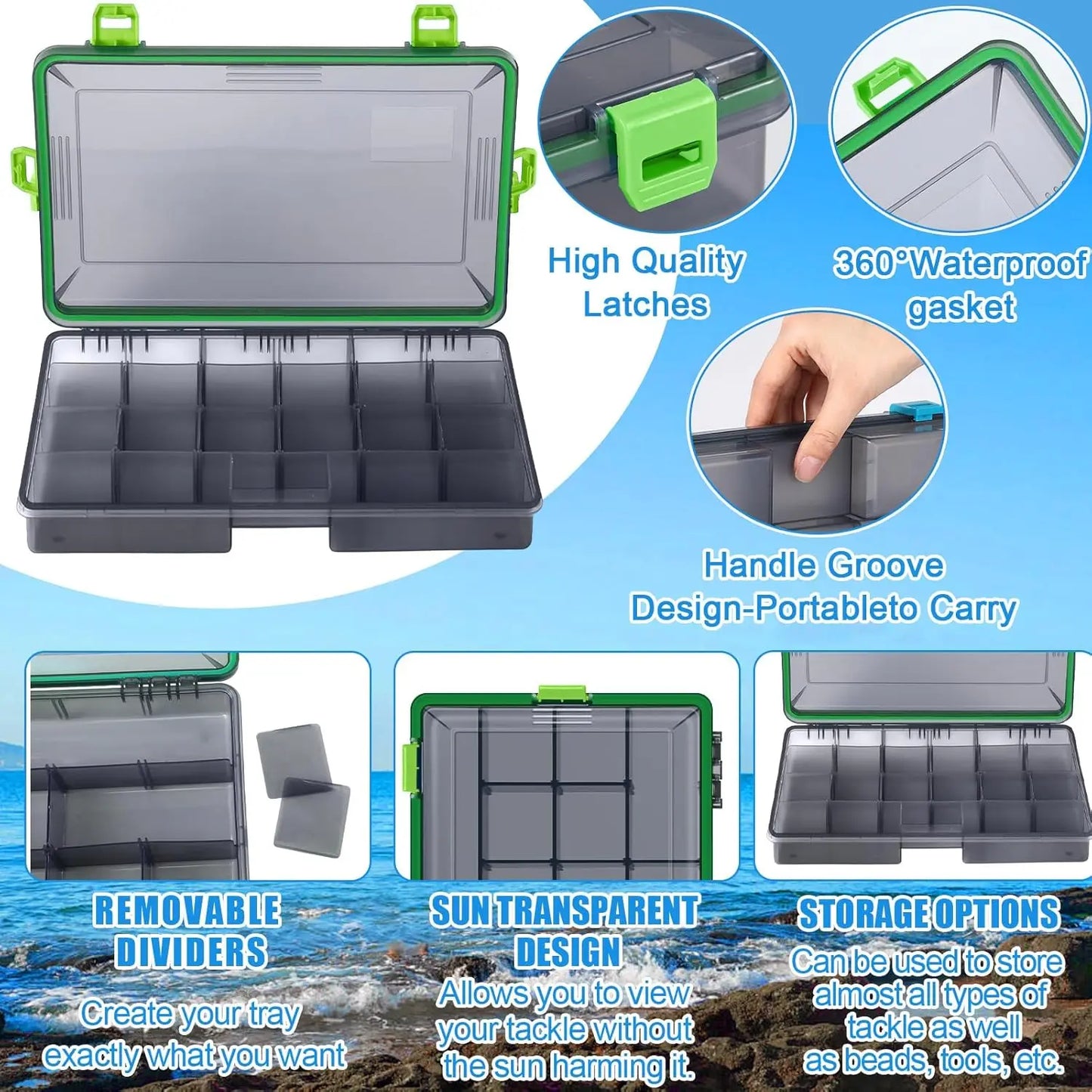 Waterproof Fishing Tackle Box with Removable Dividers, 3600 & 3700 Trays, Camouflage Storage for Freshwater Saltwater