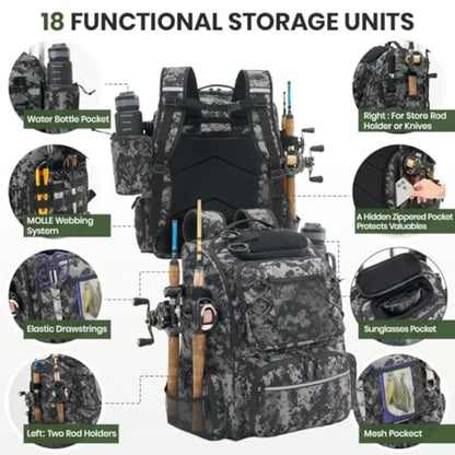 2-in-1 Rolling Fishing Backpack with 3 Rod HoldersDetachable Wheels andTrolley 48L Large Water Resistant Tackle Bag Store Fishi