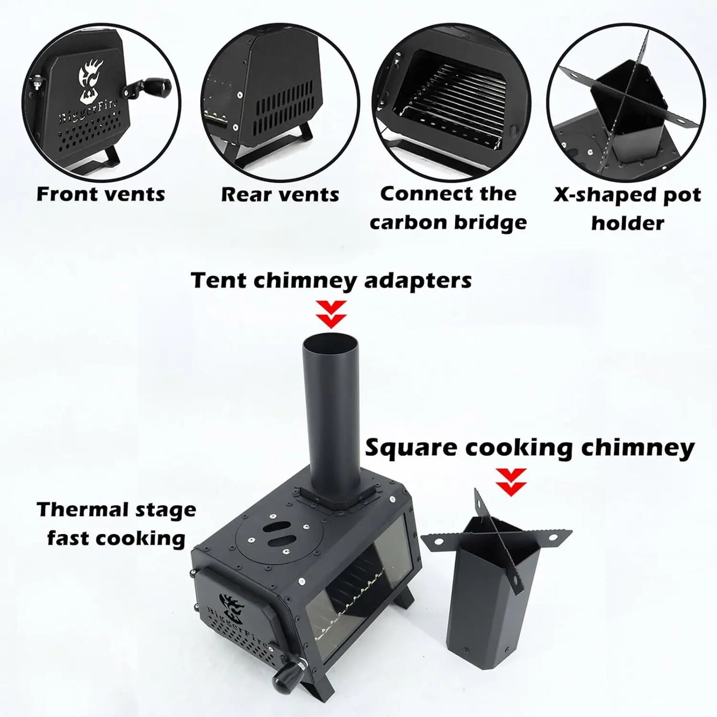 Wood Burning Stove with Fire Window,Portable Tent Stove with 7 Sectional Chimney Pipes,Sturdy Camping Wood Stove with X-shaped P